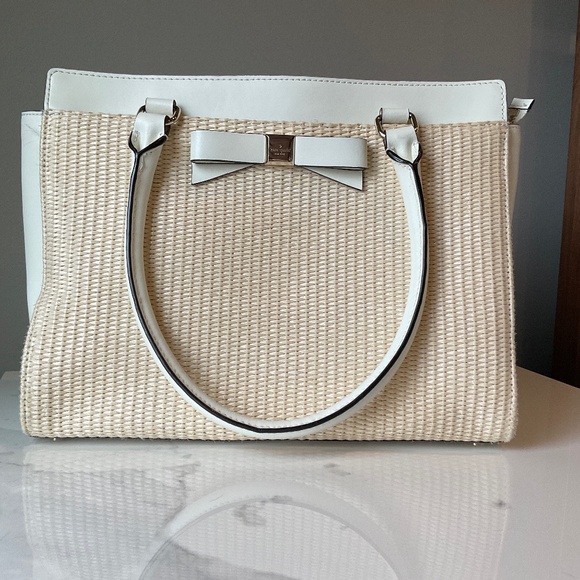 Kate Spade Raffia Trimmed Soft White Leather Bow Tote EUC Retail $375 - Picture 5 of 11